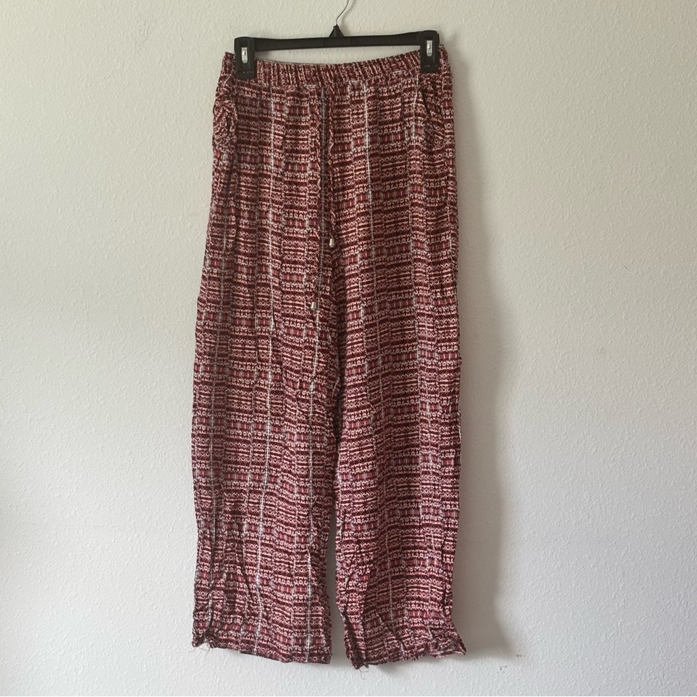 Red Mosaic Pattern Wide Leg Pants Love Wish Tassel Women Drawstring Pockets Boho